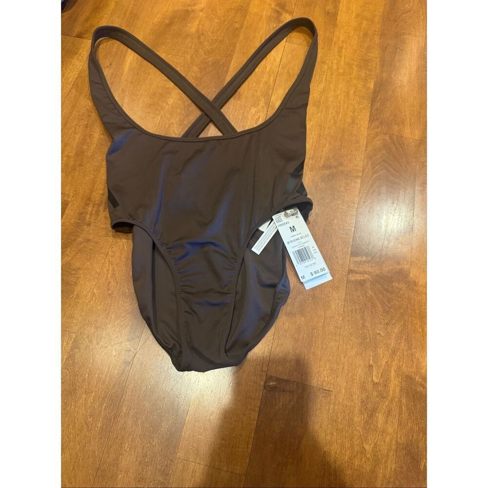 Woman’s new w tags Adidas Tranlcons stripes leotard brown size medium